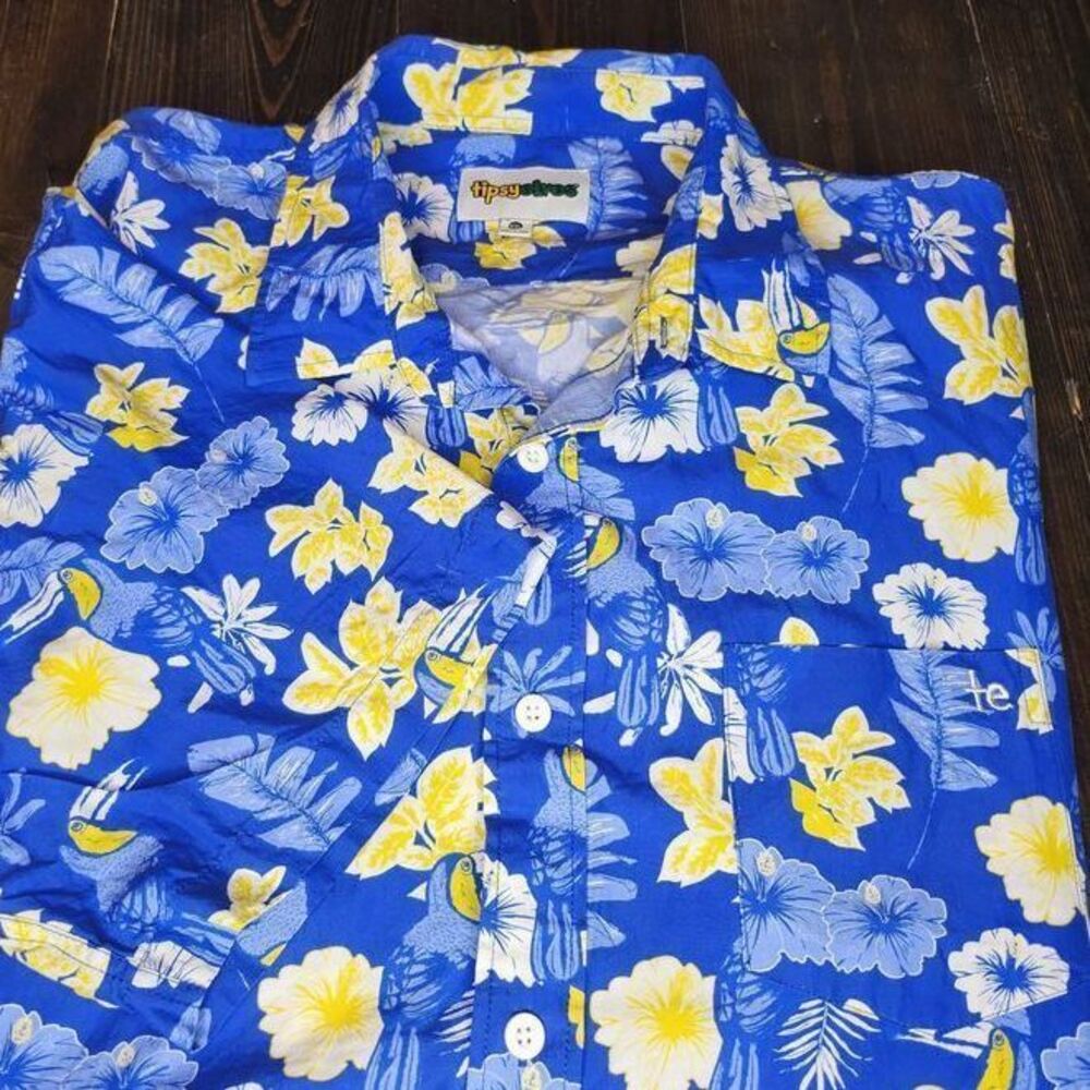 Tipsy Elves Men's Blue Botanics‎ Hawaiian Shirt XXL Pocket Tailored Fit
